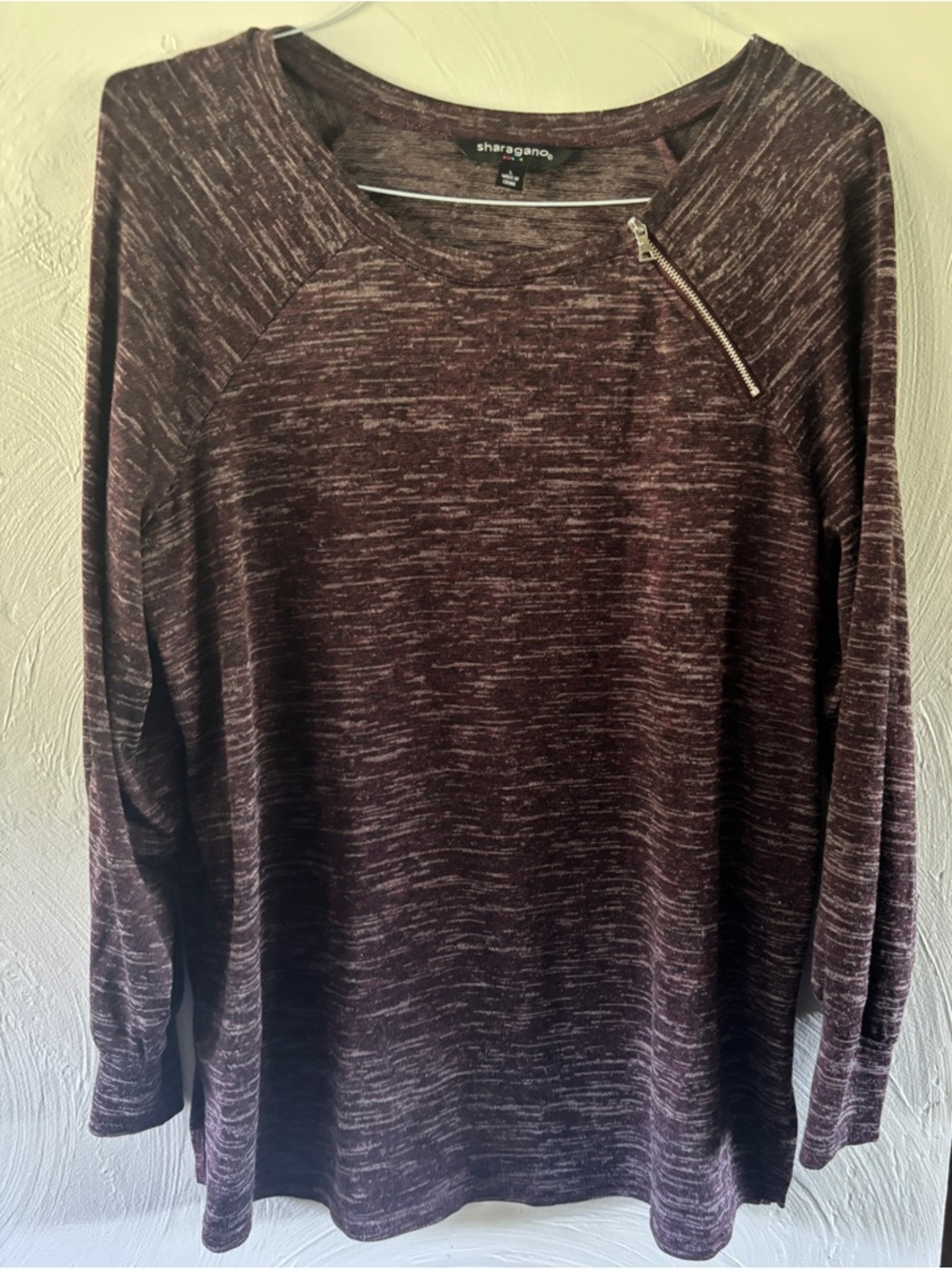 Sharagano Women's Marled Plum Zip-Accent Crew Neck Sweater